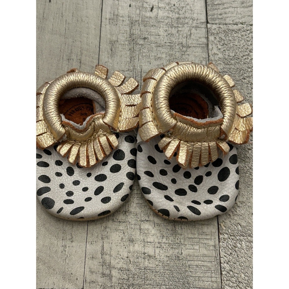 Freshly Picked Girls' Dalmatian Metallic Fringed Moccasins - Baby Size 1
